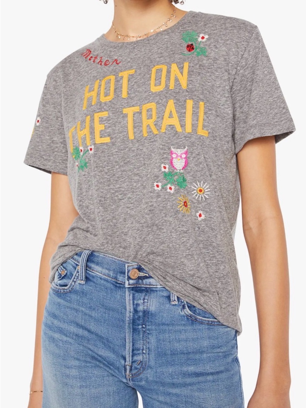 MOTHER The Rowdy Tee Hot On The Trail sz SML Embroidered Gray Crewneck $155